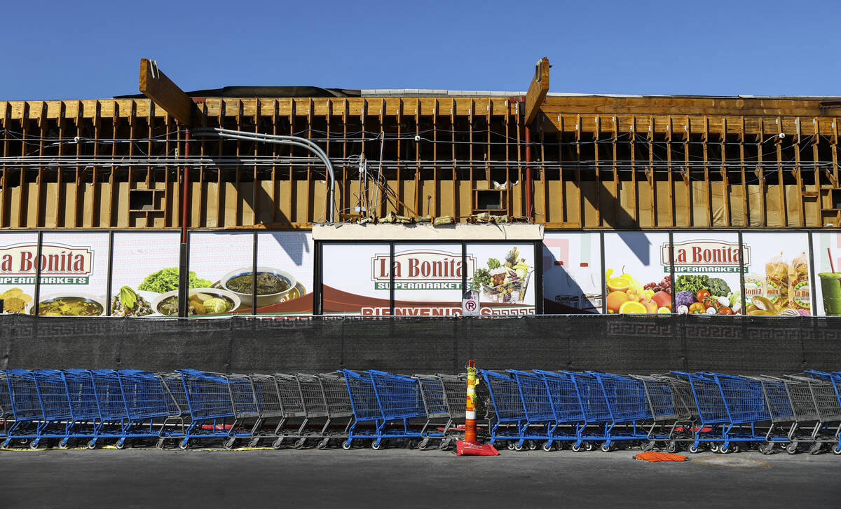 Repair work is seen at La Bonita supermarket at 2500 E. Desert Inn Road, where part of the fron ...