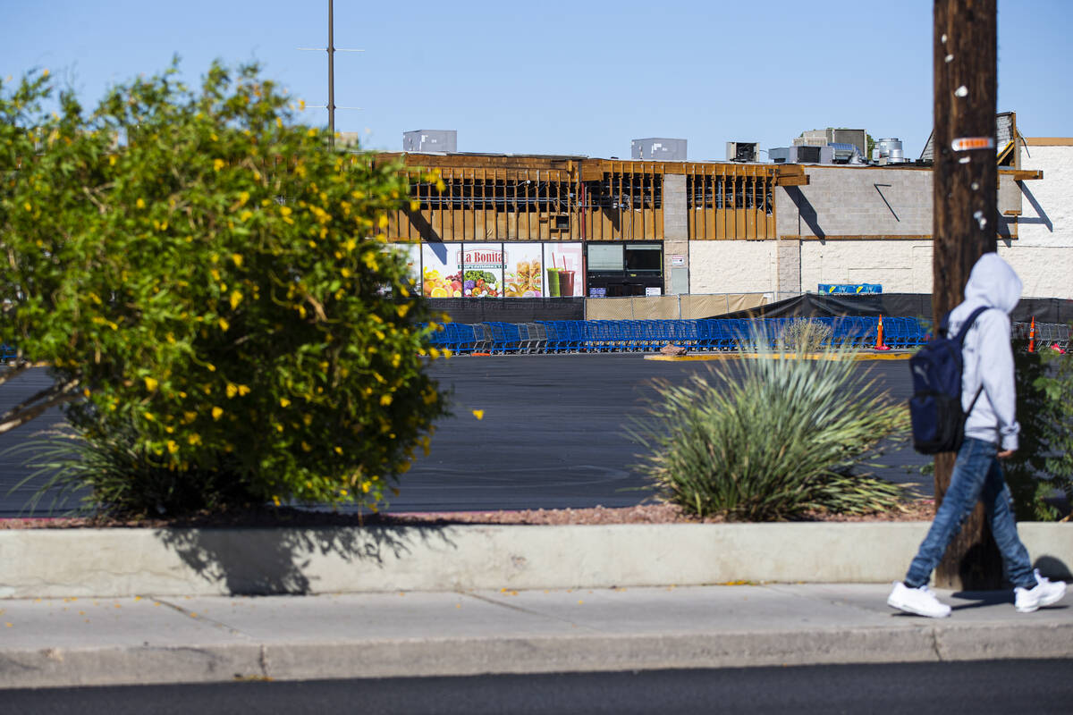 Repair work is seen at La Bonita supermarket at 2500 E. Desert Inn Road, where part of the fron ...