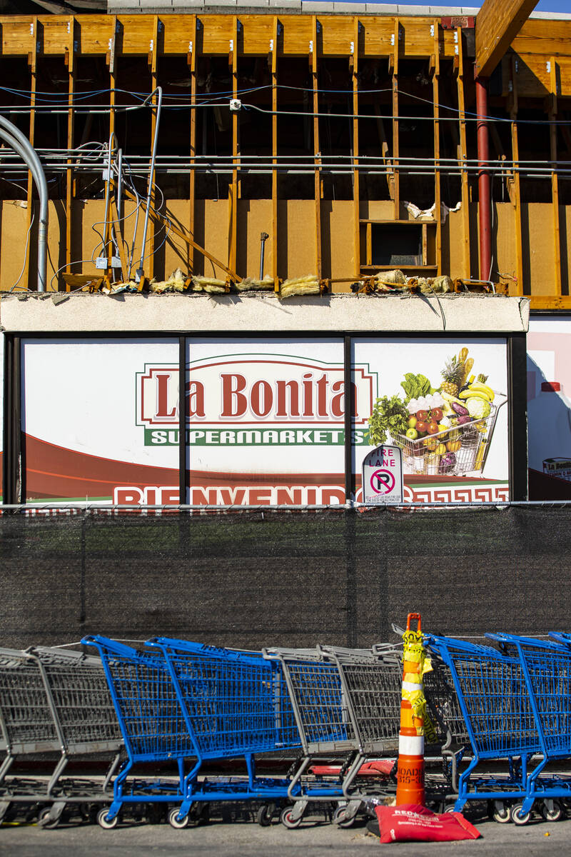 Repair work is seen at La Bonita supermarket at 2500 E. Desert Inn Road, where part of the fron ...