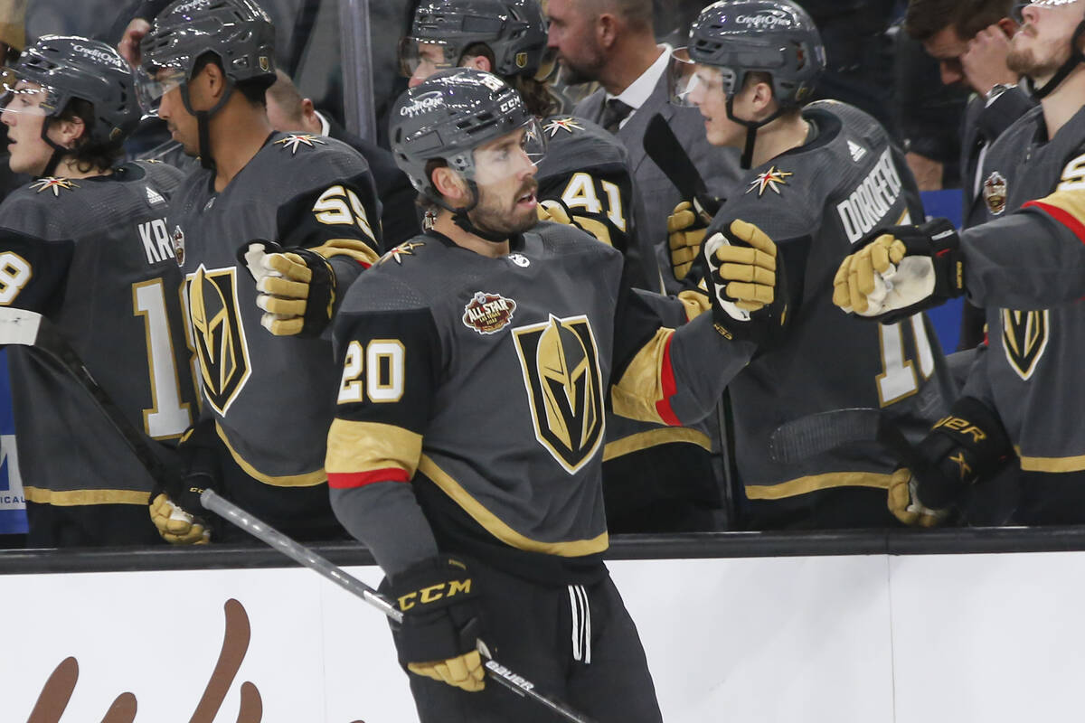 Vegas Golden Knights center Chandler Stephenson (20) celebrates after a goal against the Seattl ...