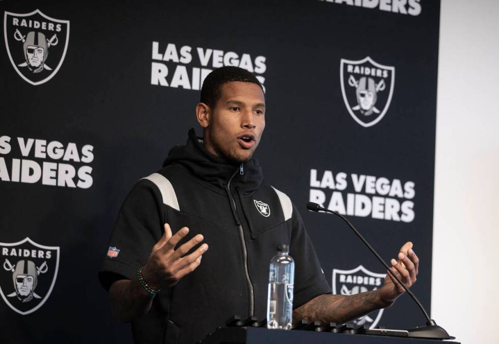 Raiders tight end Darren Waller addresses the media after practice on Wednesday, Oct. 13, 2021, ...