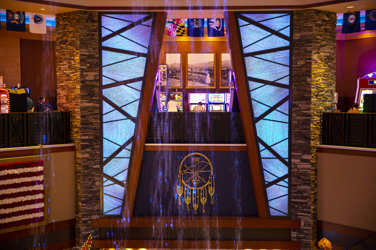 A water feature is seen along with a symbol during a tour of the Yaamava' Resort & Casino, ...