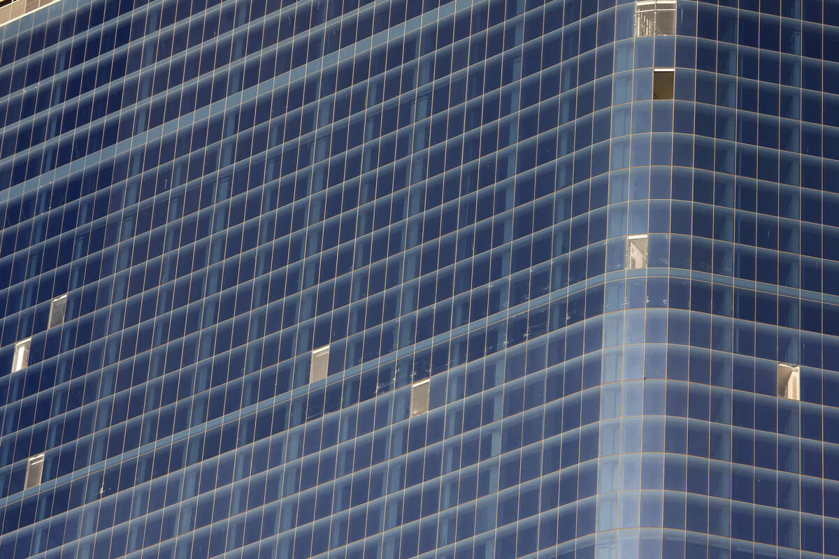 Windows are missing in the unfinished former Fontainebleau building on Thursday, Oct. 14, 2021, ...