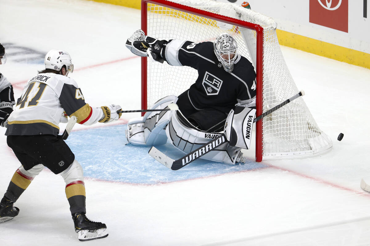 Los Angeles Kings goalie Calvin Petersen (40) defends against Vegas Golden Knights forward Nola ...