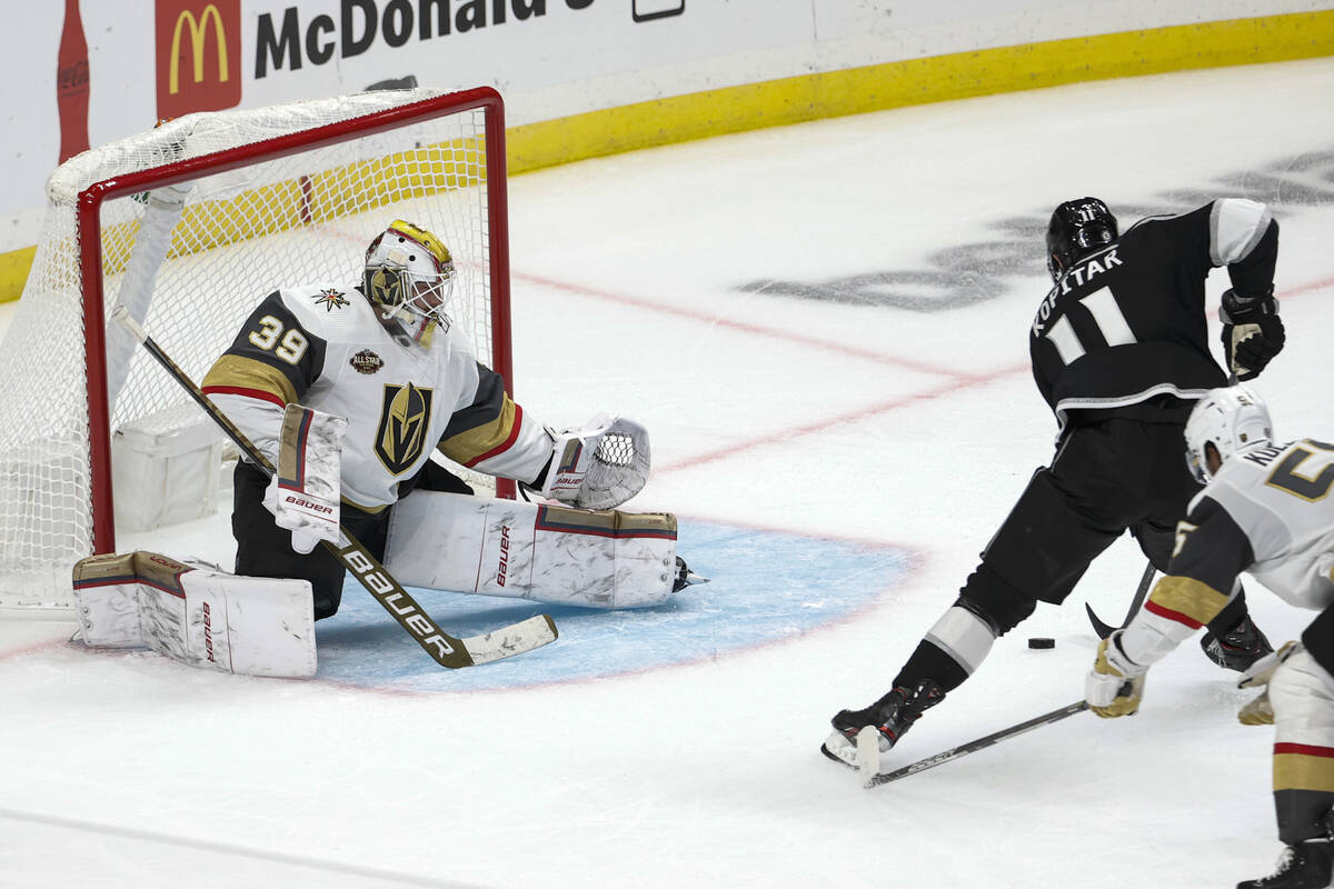 Los Angeles Kings forward Anze Kopitar (11) gets ready to shoot on Vegas Golden Knights goalie ...