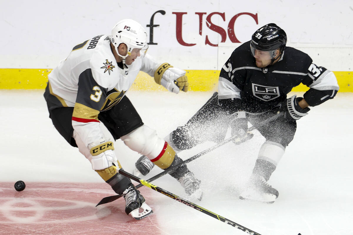 Vegas Golden Knights defenseman Brayden McNabb (3) and Los Angeles Kings forward Viktor Arvidss ...