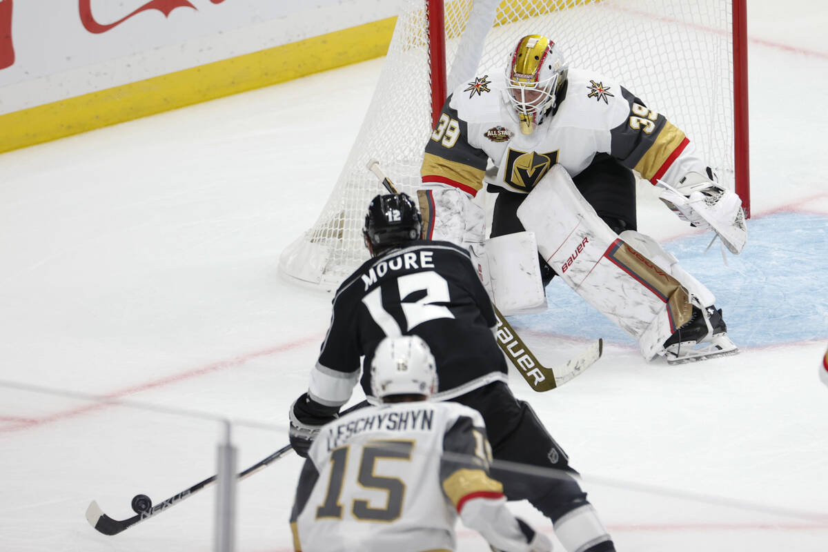 Los Angeles Kings forward Trevor Moore (12) gets ready to shoots on Vegas Golden Knights goalie ...