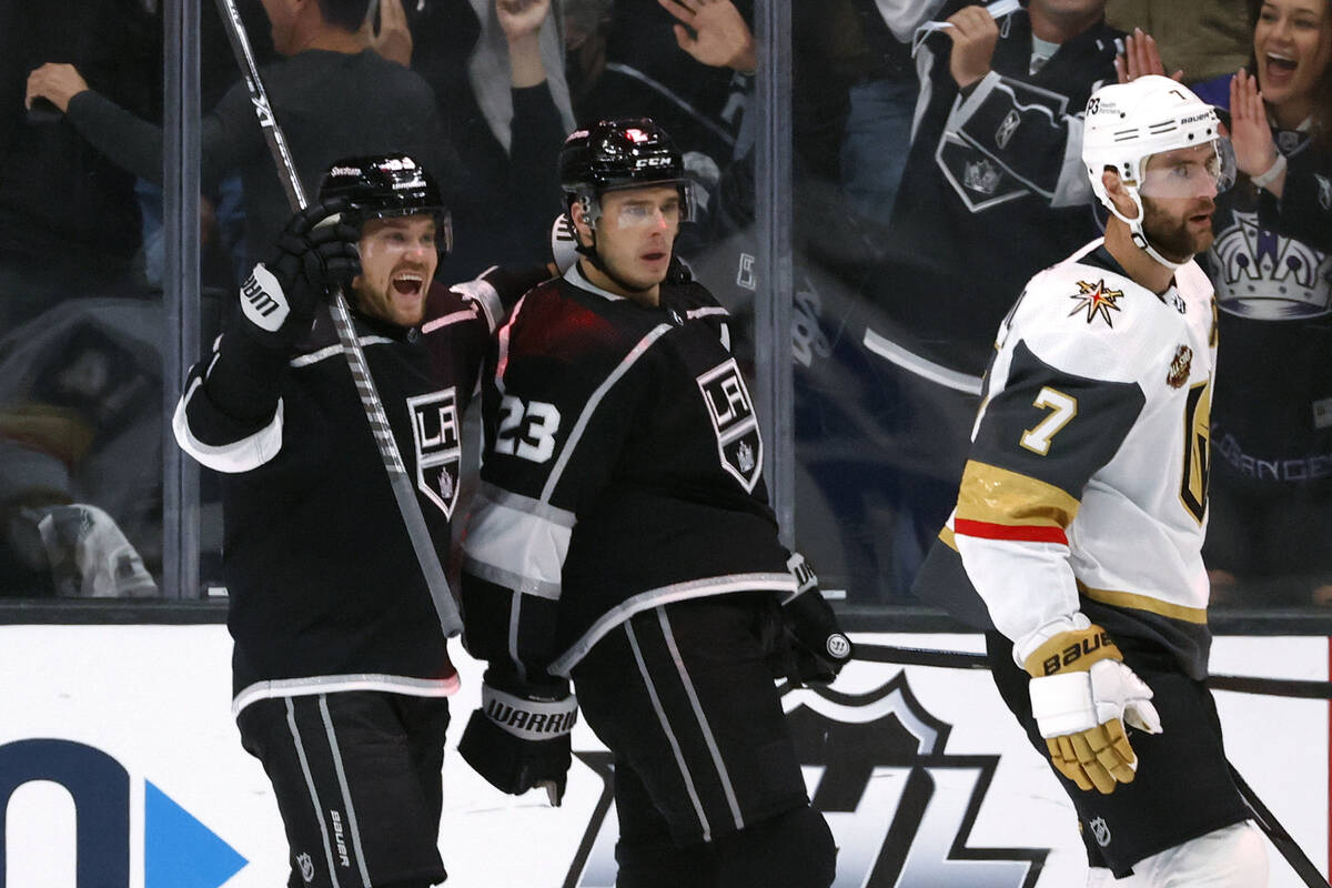 Los Angeles Kings forward Dustin Brown (23) celebrates his goal against the Vegas Golden Knight ...