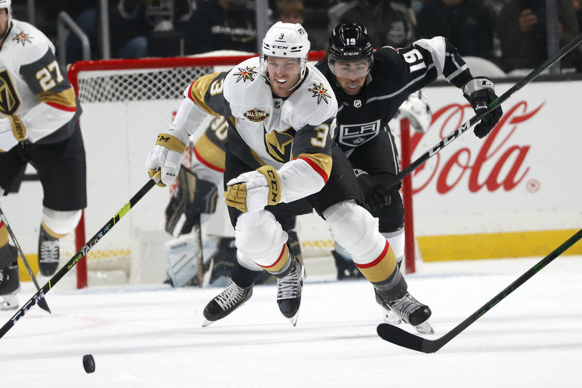 Vegas Golden Knights defenseman Brayden McNabb (3) controls the puck away from Los Angeles King ...