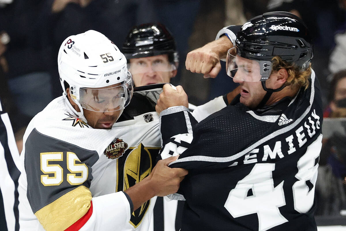 Vegas Golden Knights forward Keegan Kolesar (55) and Los Angeles Kings forward Brendan Lemieux ...