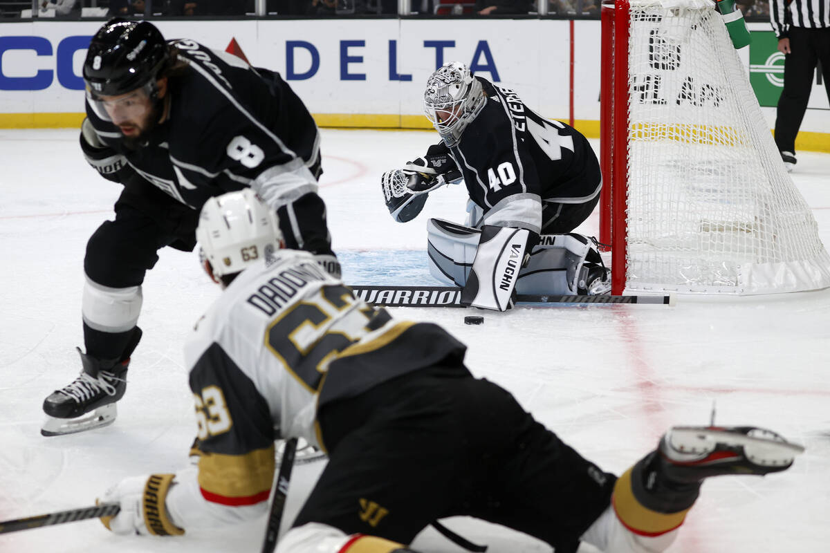 Los Angeles Kings goalie Calvin Petersen (40) makes a save on a shot by Vegas Golden Knights fo ...