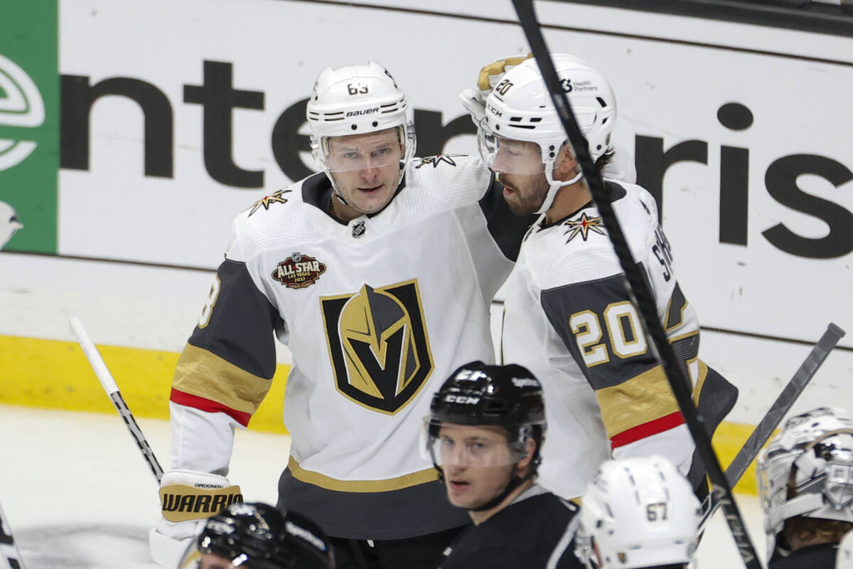 Vegas Golden Knights forward Evgenii Dadonov (63) celebrates his goal against the Los Angeles K ...