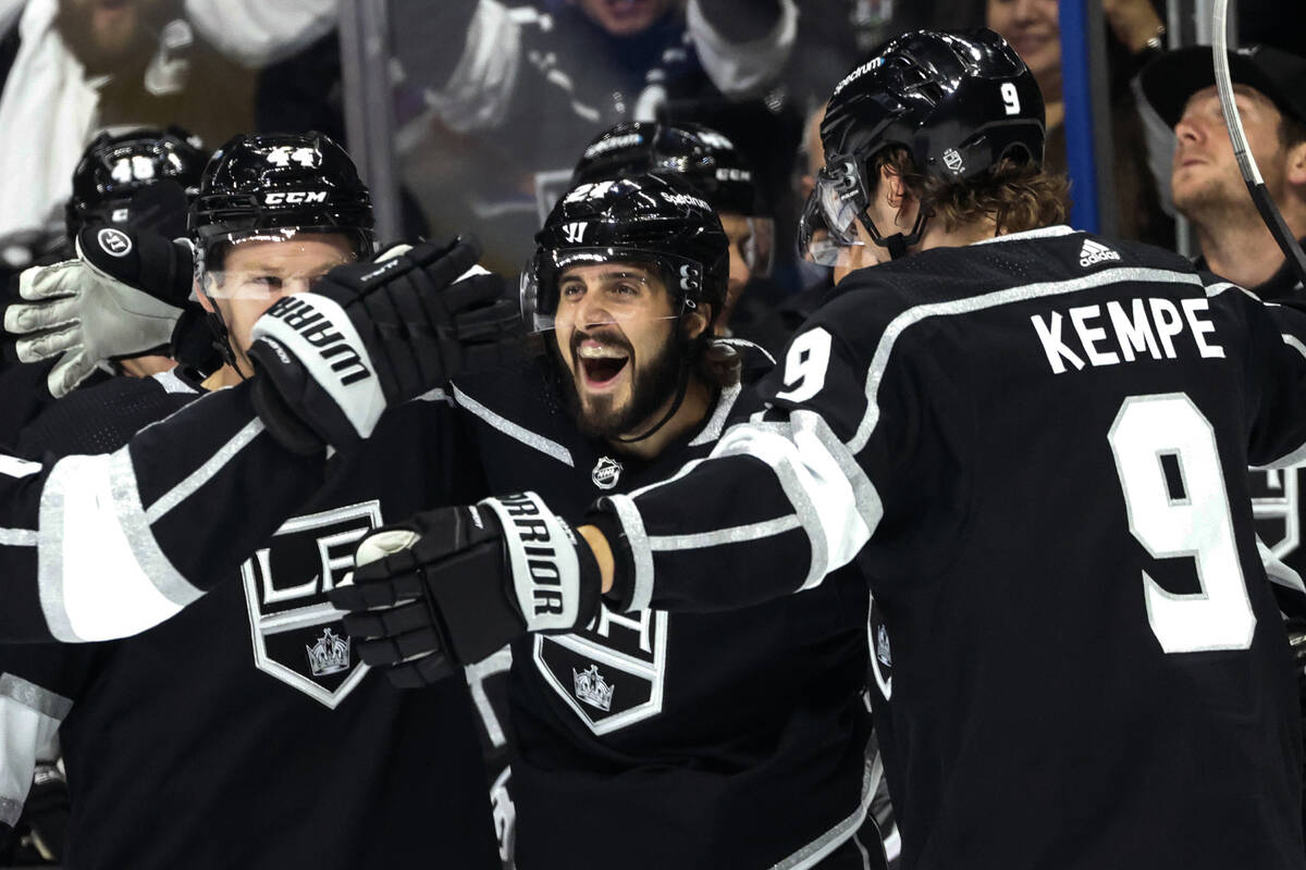 Los Angeles Kings forward Phillip Danault, center, celebrates his goal against the Vegas Golden ...