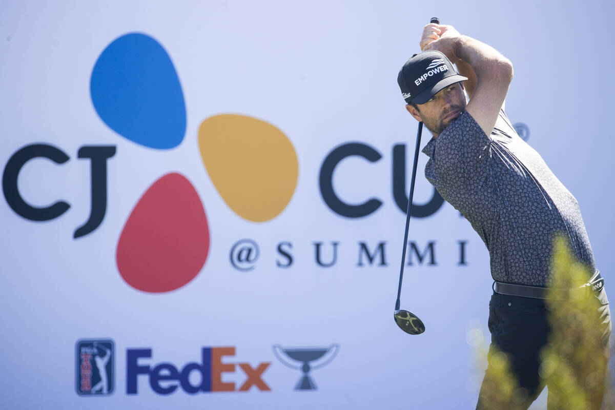 Robert Streb hits the ball from the 14th tee box during the first round of the CJ Cup golf tour ...