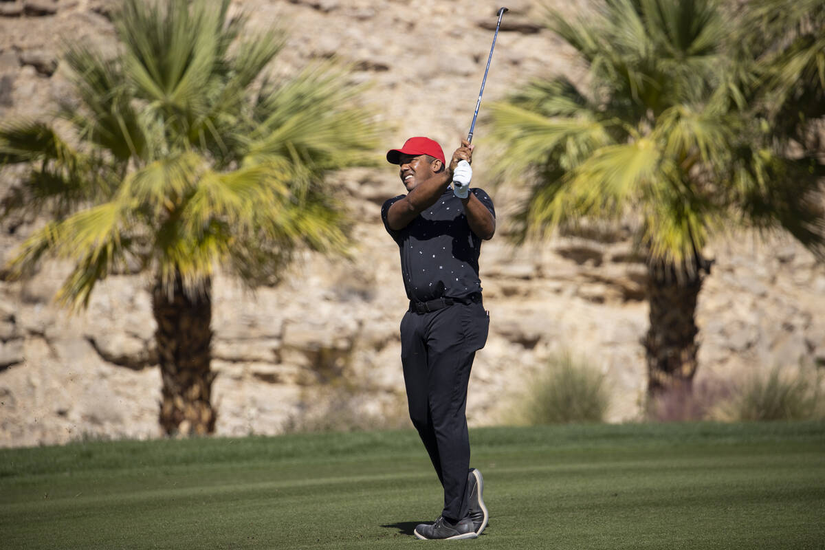 Jhonattan Vegas hits the ball from the 17th fairway in the first round of the CJ Cup golf tourn ...
