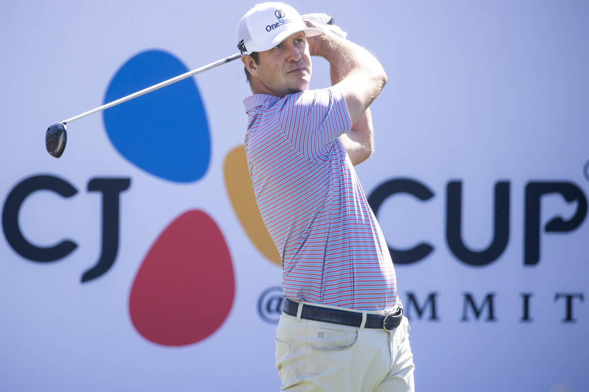 Hudson Swafford hits the ball from the 14th tee box during the first round of the CJ Cup golf t ...
