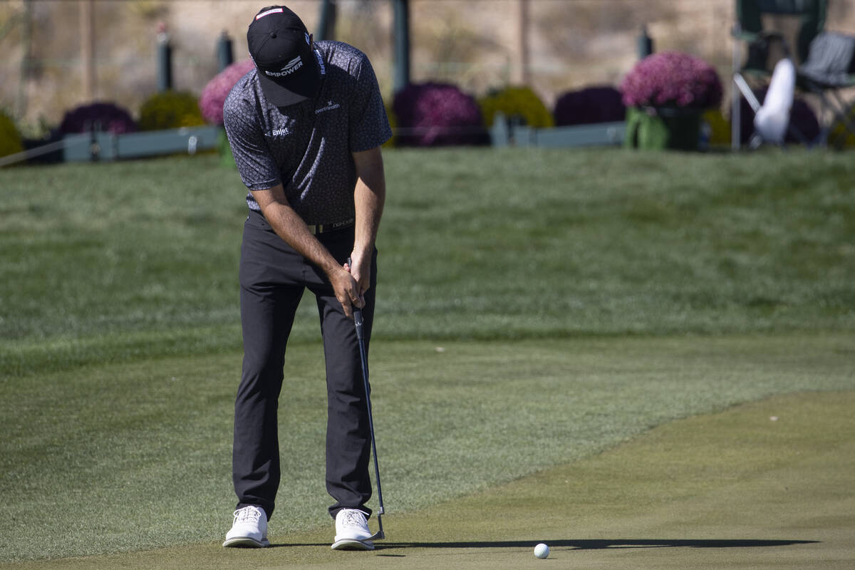 Robert Streb putts the ball for a birdie in the 18th hole during the first round of the CJ Cup ...