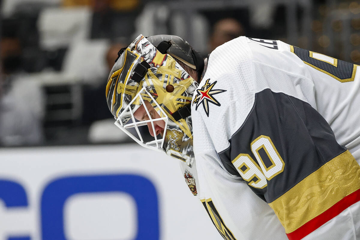 Vegas Golden Knights goalie Robin Lehner (90) defends against the Los Angeles Kings during the ...