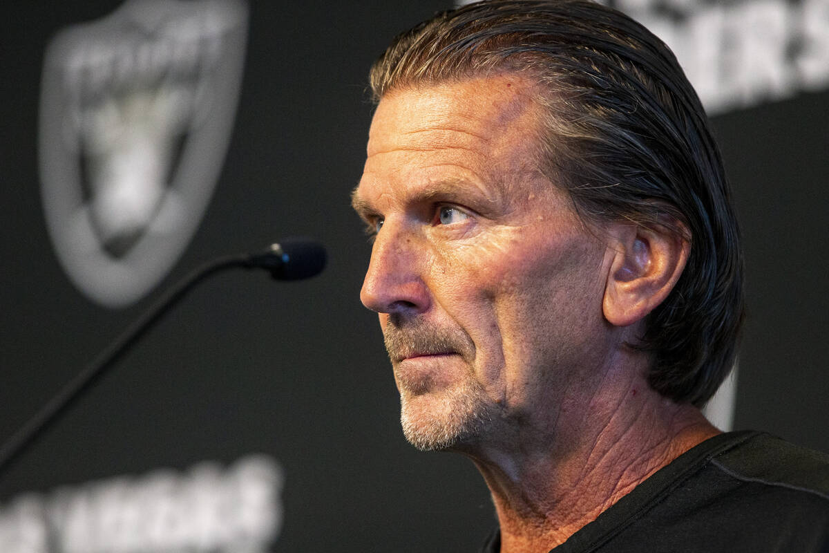 Raiders offensive coordinator Greg Olson speaks to media after practice at the Raiders Headquar ...