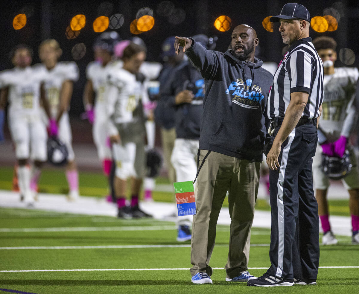 FoothillÕs head coach Vernon Brown discusses a penalty call on Canyon Springs during the f ...