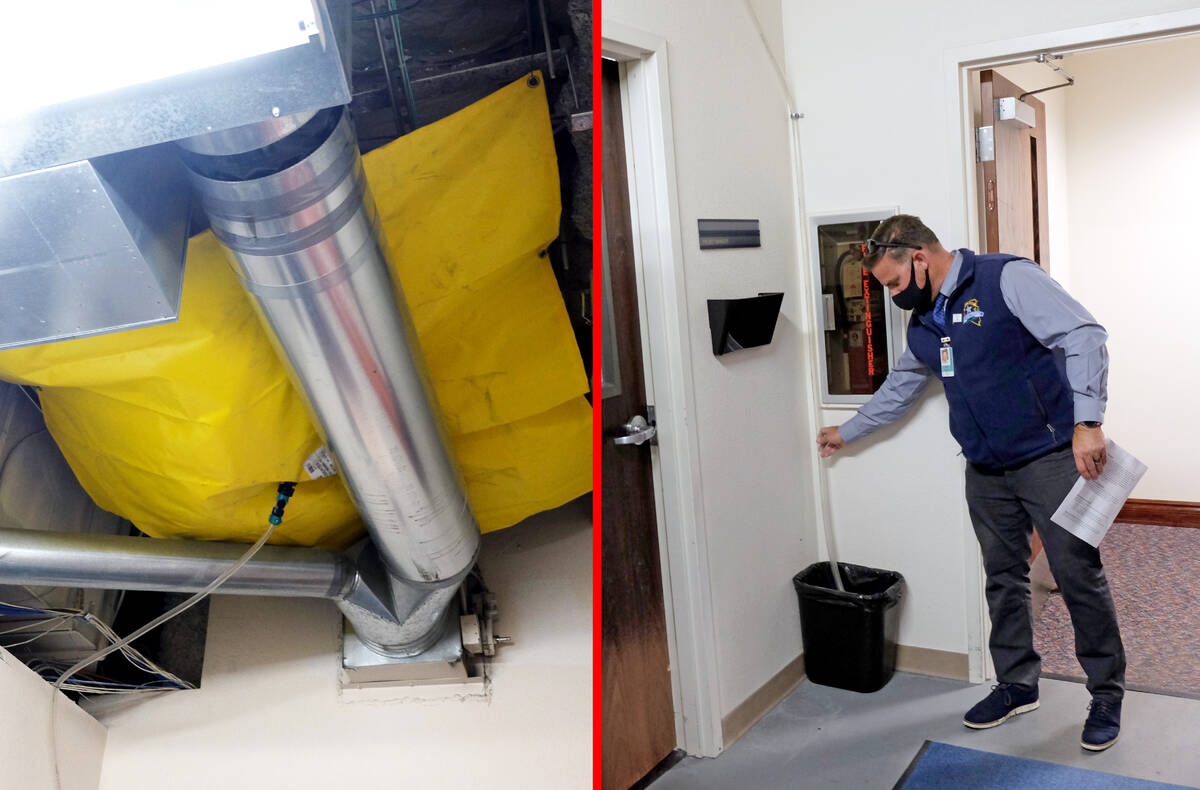 At left in this split image: A plastic bladder has been installed to collect and channel water ...