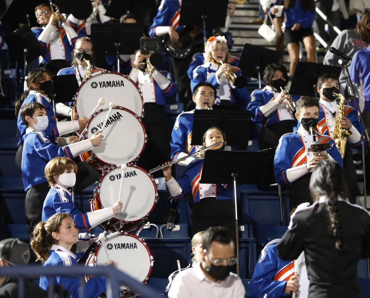 Bishop Gorman High School's marching band performs after a football game against Palo Verde Hig ...