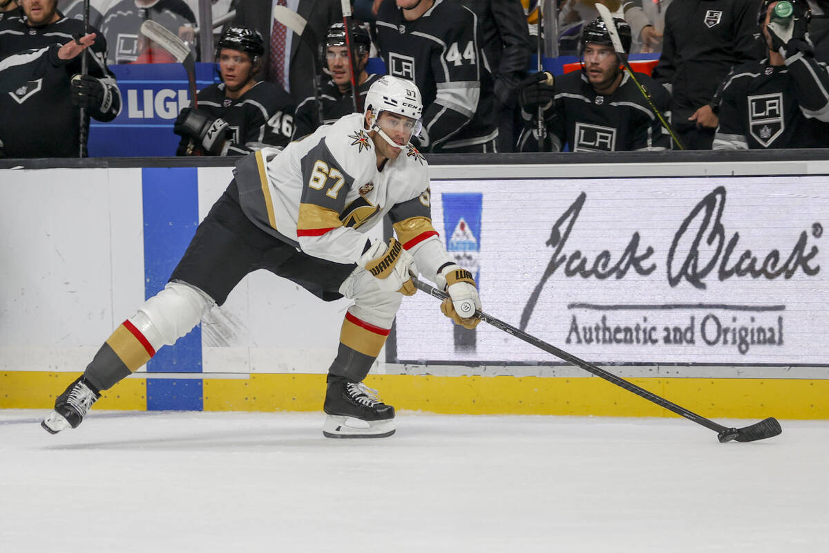 Vegas Golden Knights forward Max Pacioretty (67) looks to pass against the Los Angeles Kings du ...