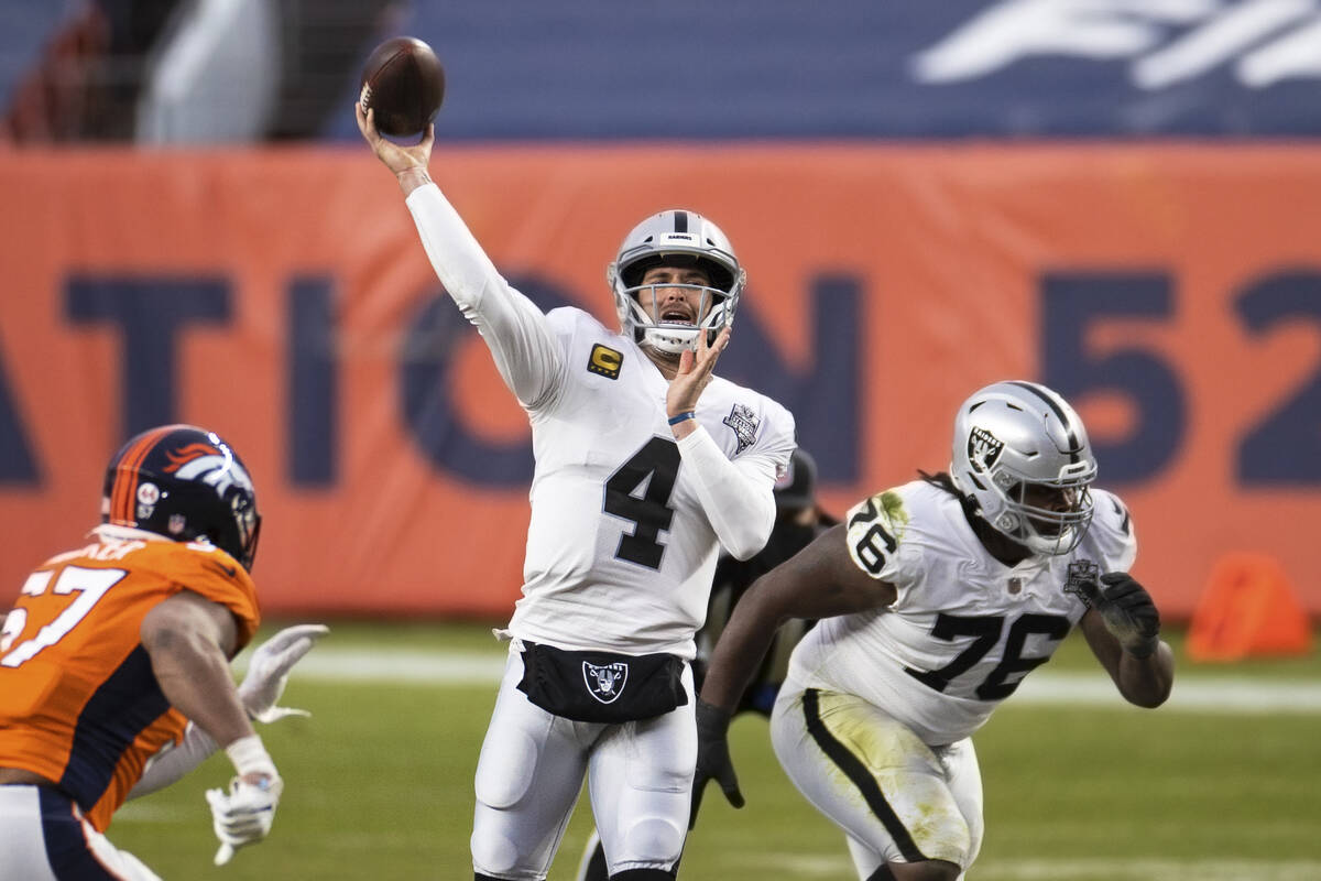 Raiders quarterback Derek Carr (4) gets a pass away with pressure from Denver Broncos defensive ...
