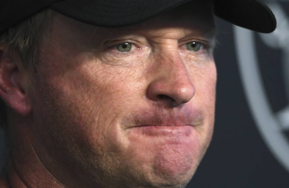 FILE - Las Vegas Raiders head coach Jon Gruden speaks to the media after an NFL football practi ...
