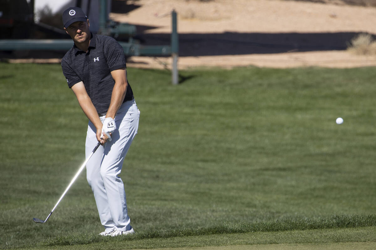 Jordan Spieth hits the ball on the third hole during the third round of the CJ Cup golf tournam ...