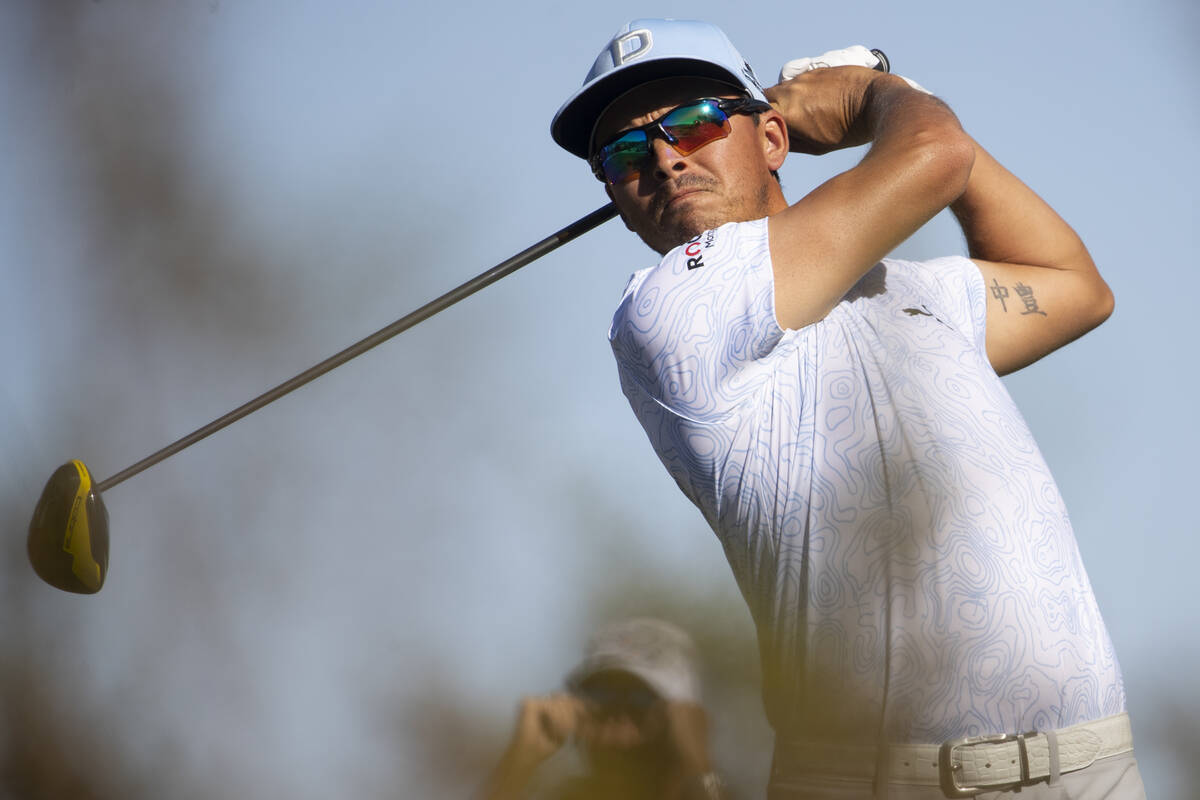 Rickie Fowler hits the ball from the 12th tee box during the third round of the CJ Cup golf tou ...