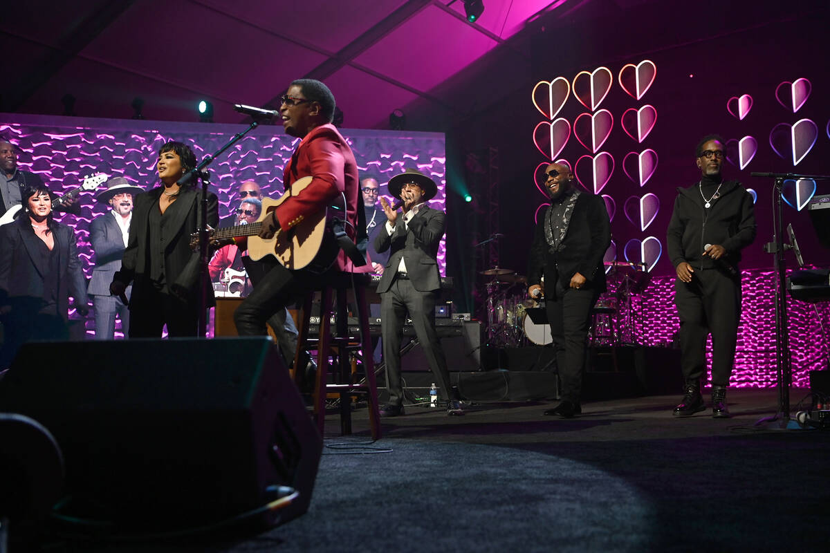 LAS VEGAS, NEVADA - OCTOBER 16: Demi Lovato, Kenny "Babyface" Edmonds, AJ McLean, Wanya Morris ...
