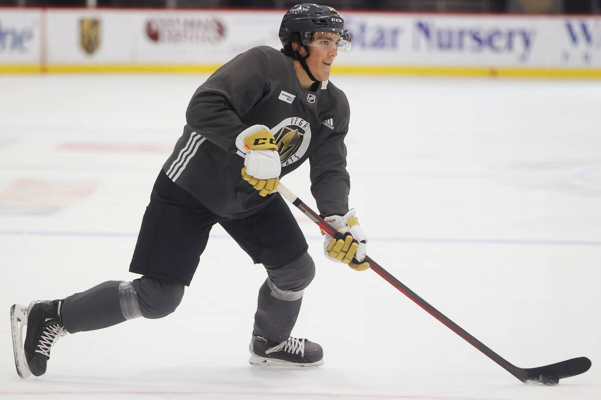 Vegas Golden Knights left wing Peyton Krebs (18) during a team practice at City National Arena ...