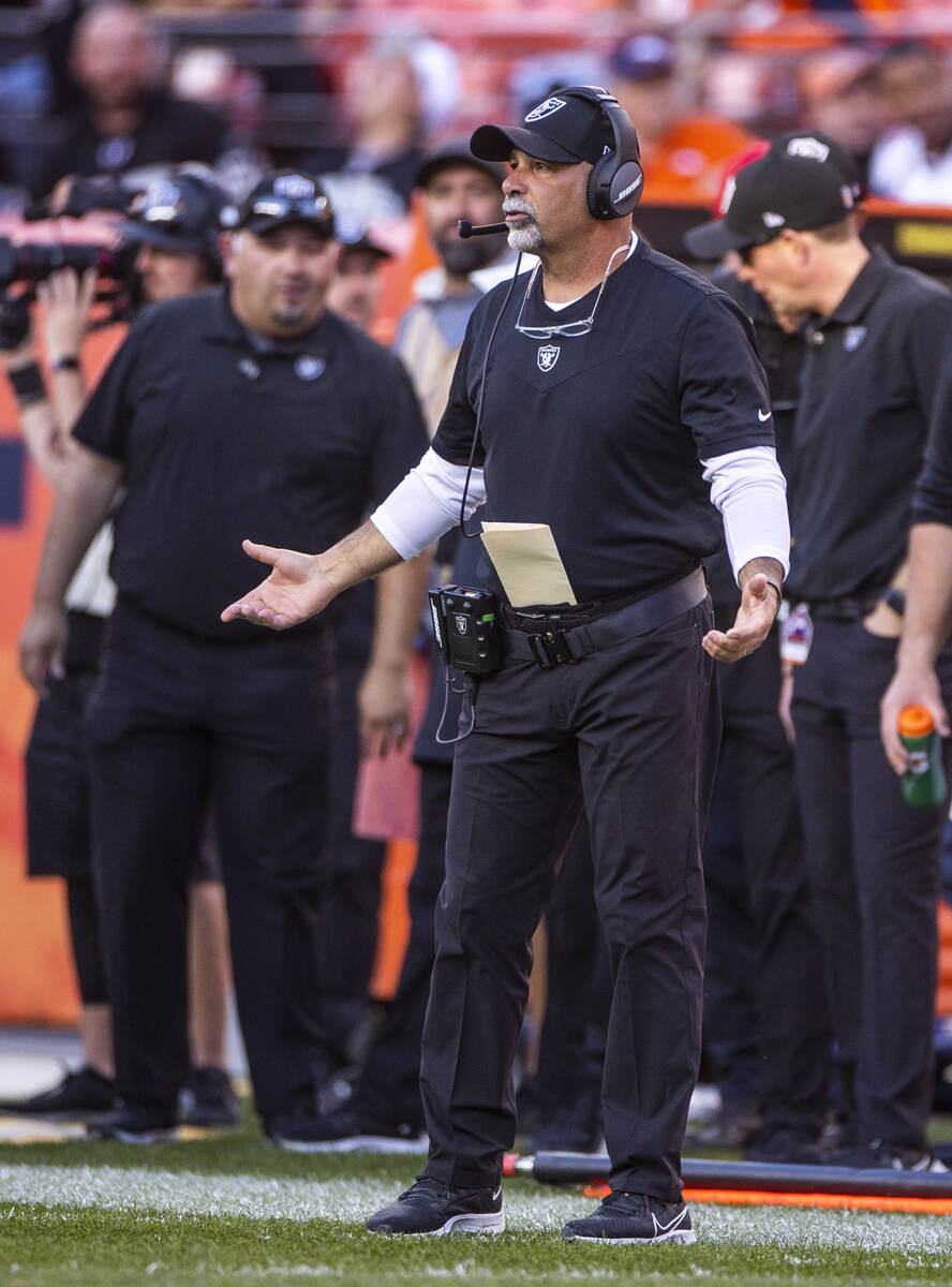 Raiders' interim head coach Rich Bisaccia is displeased with a penalty call versus the Denver B ...