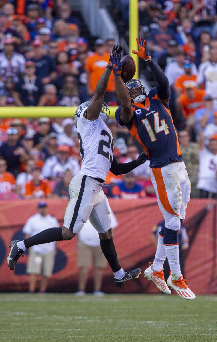 Raiders cornerback Casey Hayward (29) bats down a pass intended for Denver Broncos wide receive ...