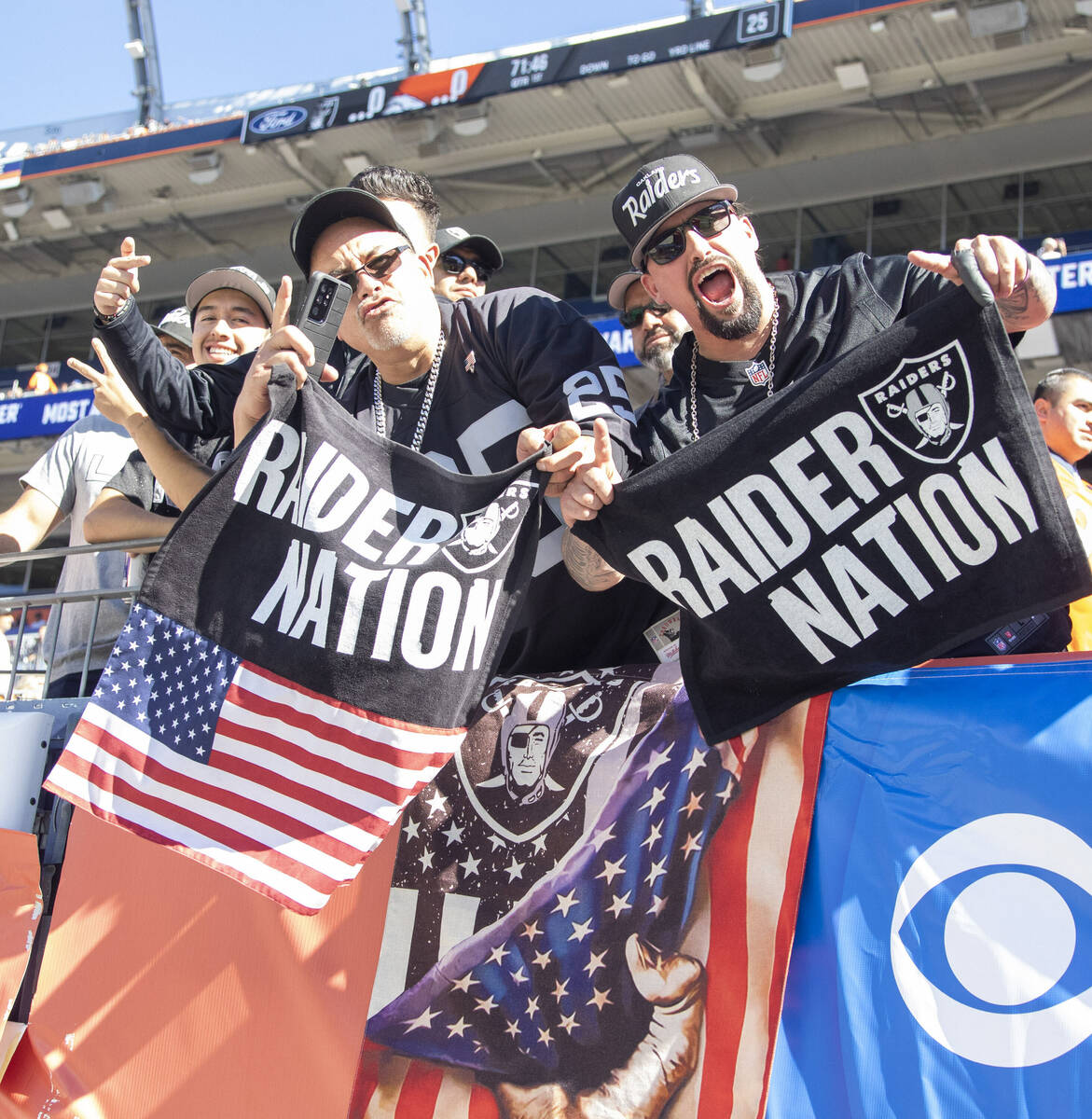 Raiders fans cheer before an NFL football game against the Denver Broncos on Sunday, Oct. 17, 2 ...
