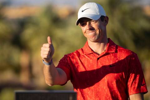 Rory McIlroy gestures after winning the CJ Cup golf tournament at the Summit Club in Las Vegas, ...