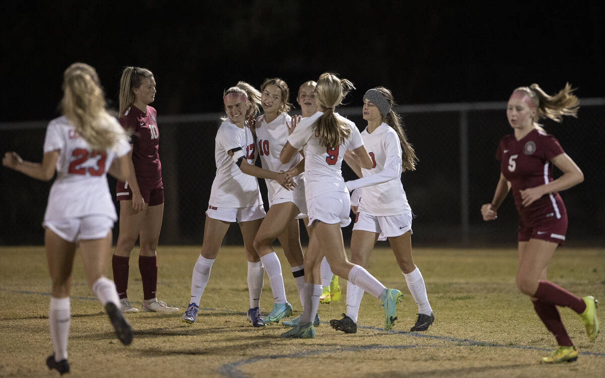 Coronado's Xayla Black (10) celebrates a goal with teammates in the first half during a girls h ...