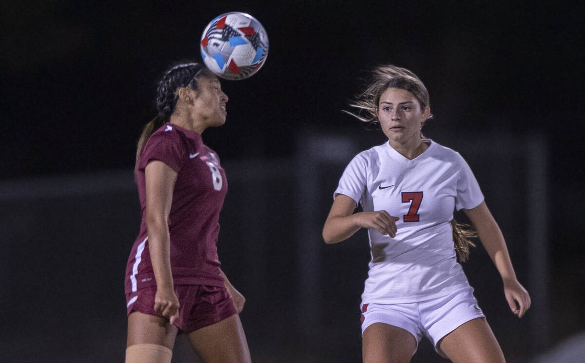 Desert Oasis' Julieta Gutierrez (8) heads the shot  with Coronado's Alexis Pashales (7) defendin ...