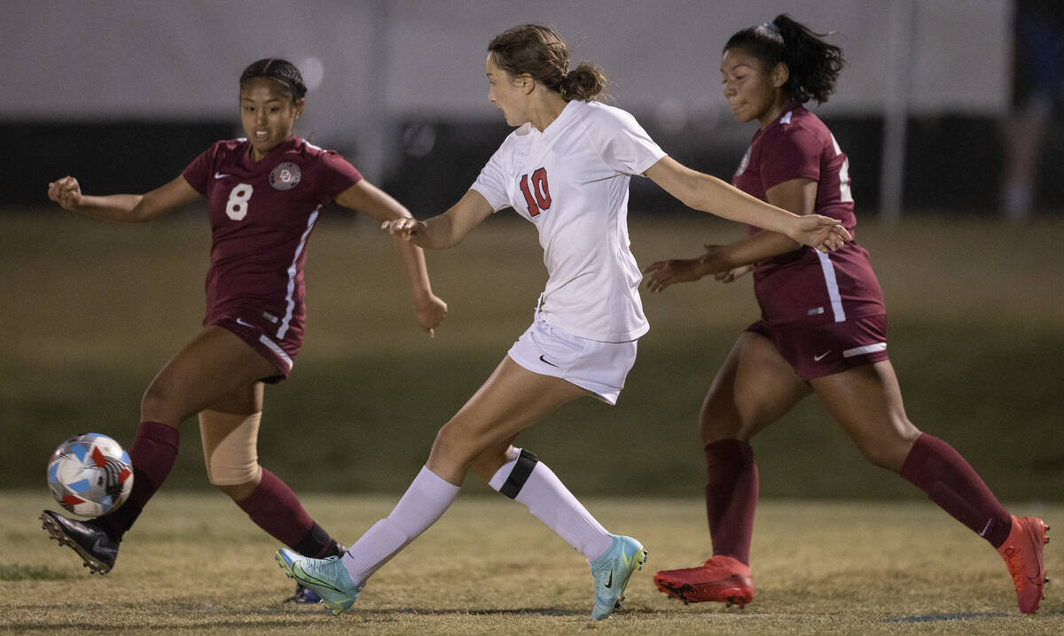 Coronado's Xayla Black (10) passes the shot  past   Desert Oasis' Jessica Leon (8) successful  the archetypal  ha ...