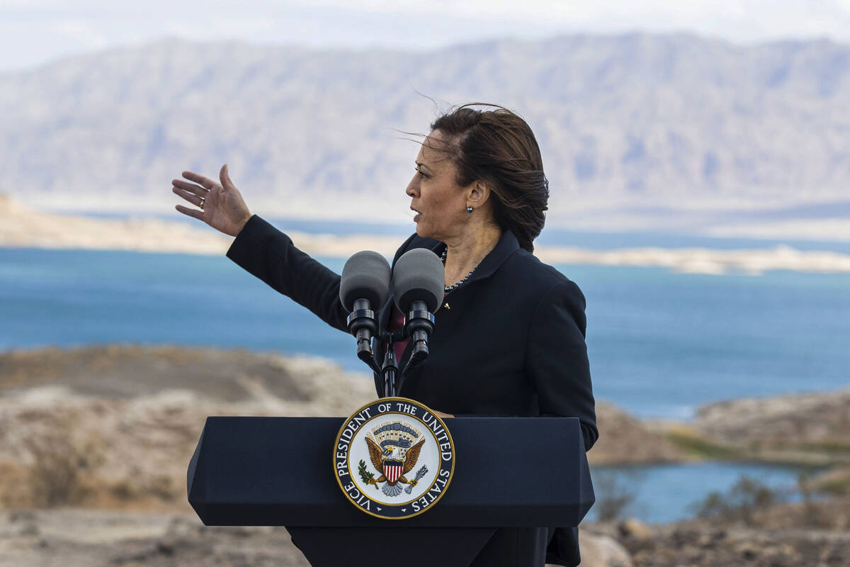 Vice President Kamala Harris speaks after visiting Sunset Overlook at Lake Mead National Recrea ...