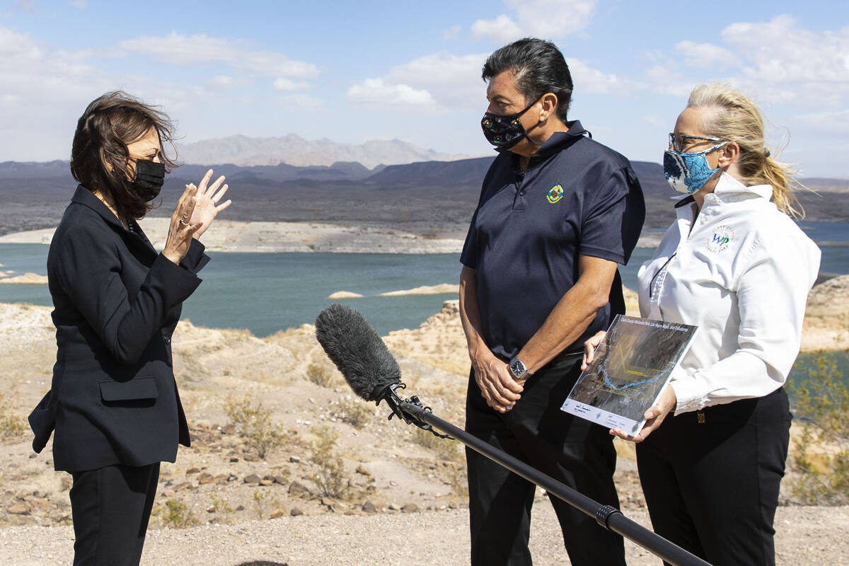 Vice President Kamala Harris, speaks to Daniel Hernandez, director Parks and Recreation at Clar ...