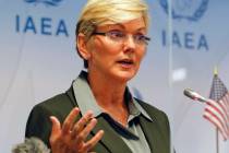 The U.S. Secretary of Energy, Jennifer M. Granholm attends a press conference at the Internatio ...