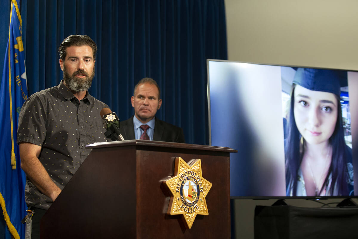 Lee Gugino, left, speaks during a press conference about his daughter Mia Gugino's fentanyl ove ...