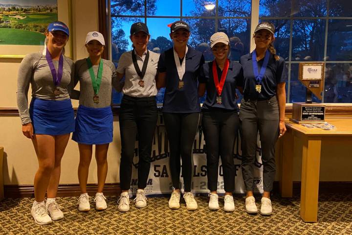 Coronado girls golf team members celebrate Tuesday after winning the Class 5A state championshi ...