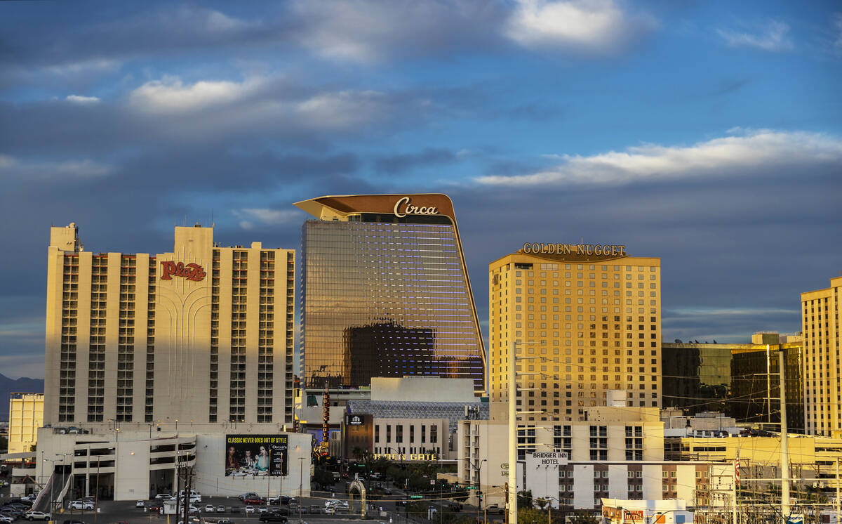 The downtown Las Vegas skyline at dusk on Wednesday, Oct. 20, 2021, in Las Vegas. (Benjamin Hag ...