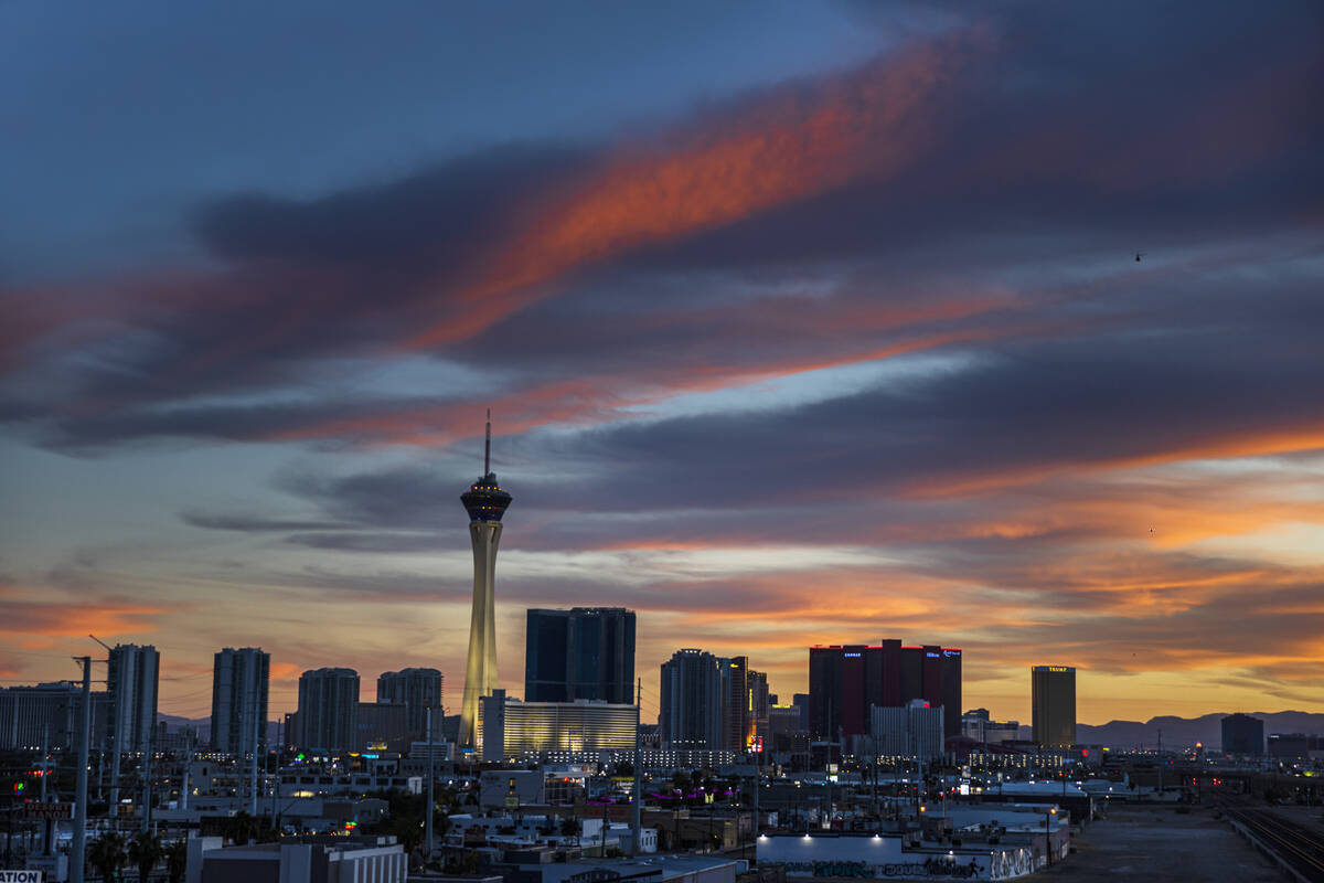 The Strip skyline at dusk on Wednesday, Oct. 20, 2021, in Las Vegas. (Benjamin Hager/Las Vegas ...