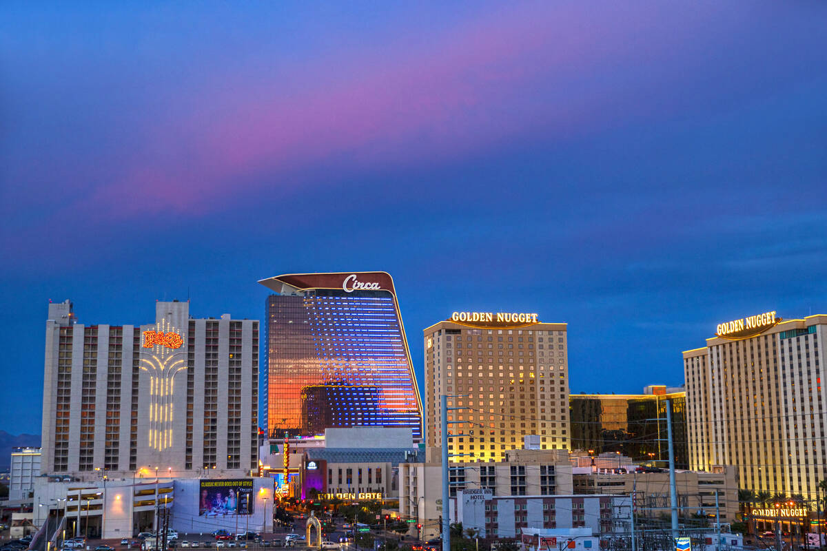 The downtown Las Vegas skyline at dusk on Wednesday, Oct. 20, 2021, in Las Vegas. (Benjamin Hag ...