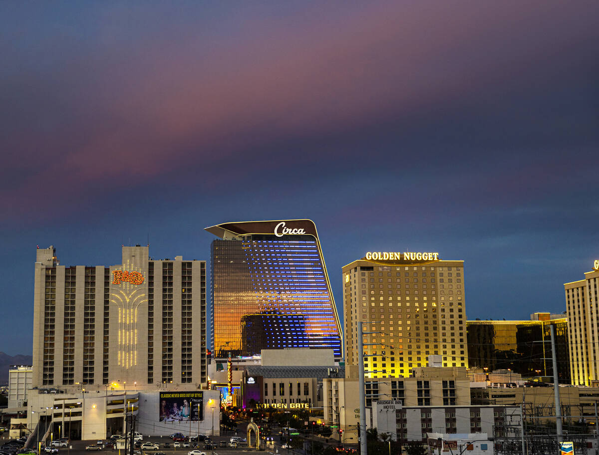 The downtown Las Vegas skyline at dusk on Wednesday, Oct. 20, 2021, in Las Vegas. (Benjamin Hag ...