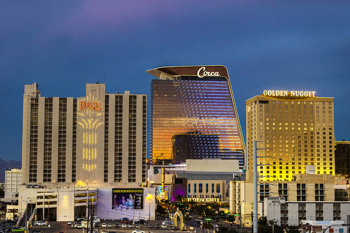 The downtown Las Vegas skyline at dusk on Wednesday, Oct. 20, 2021, in Las Vegas. (Benjamin Hag ...